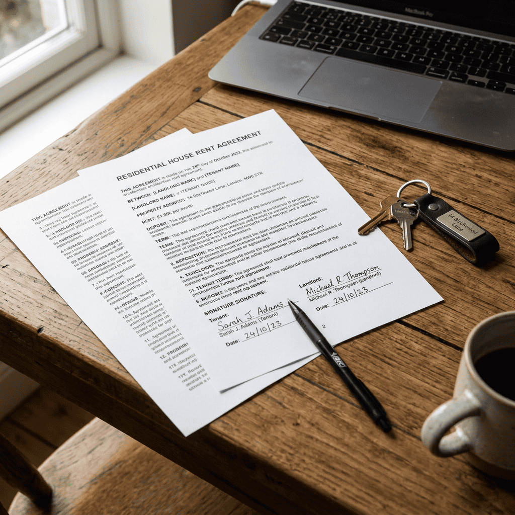 Residential house rent agreement document with signatures, keys, laptop, and pen on wooden table