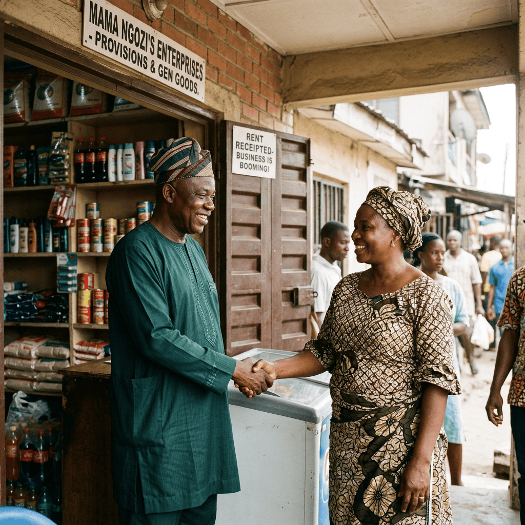 A man and a woman smiling and shaking hands outside a small neighborhood provisions store.